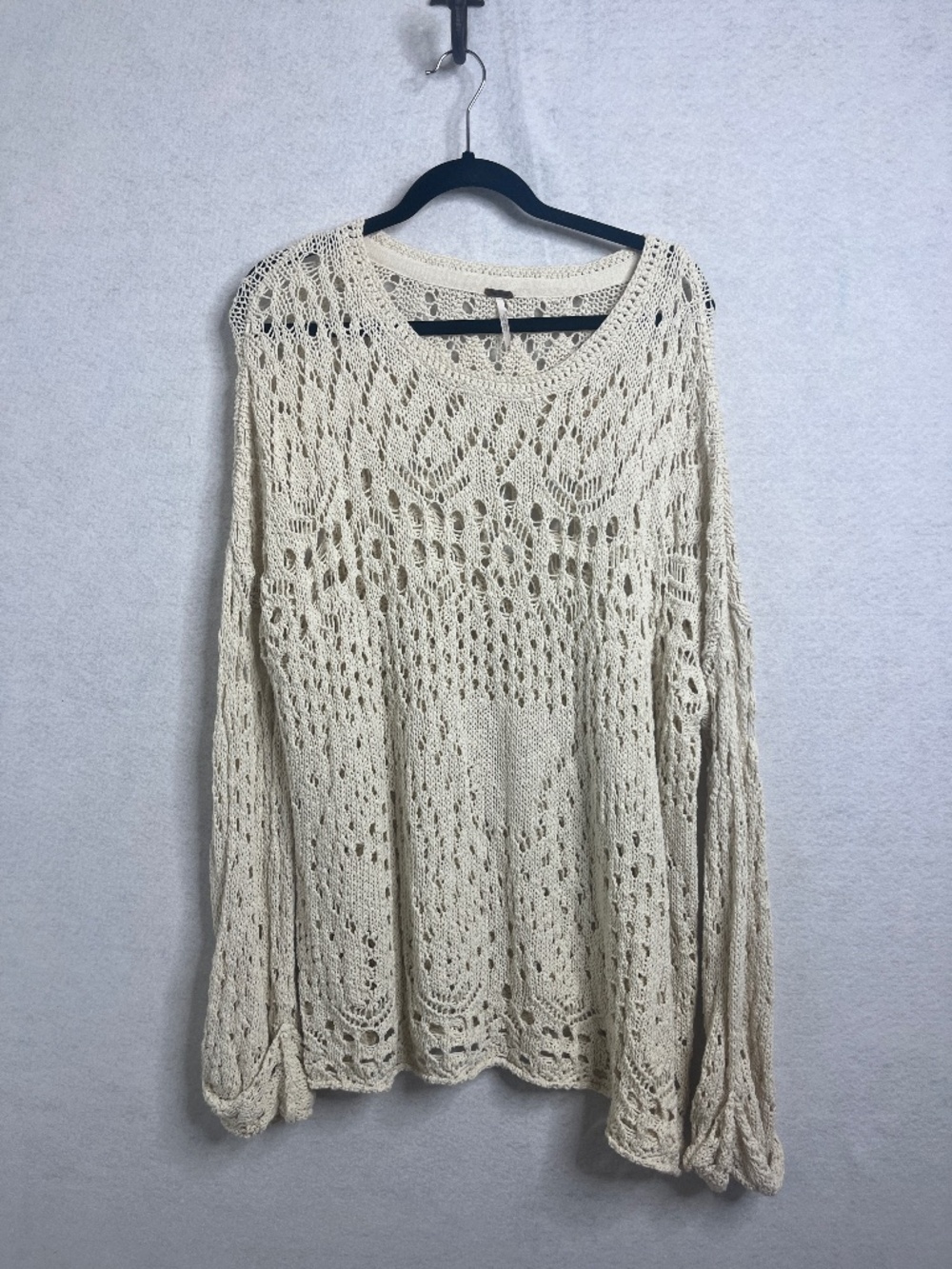 Free People Cream Crochet Knit Boho Sweater Balloon Sleeve